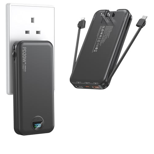 Portable Charger with Wall Plug, 10000mAh USB C Power Bank Fast Charging, External Battery Pack with Built in Cables, Digital Display, 5 Output 4 Input for iPhone Android Cell Phone Tablet | Amazon (US)