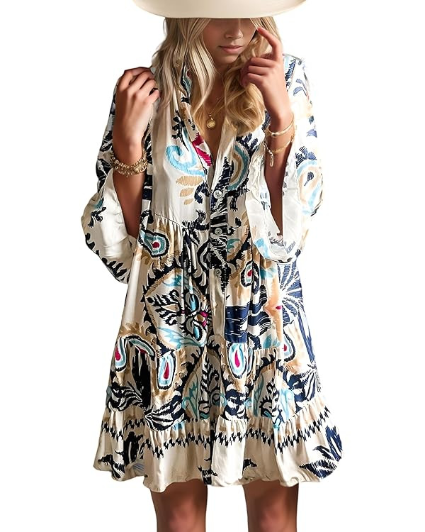 Opemiby Summer Dresses for Women 2026 Flowy Ruffle 3/4 Sleeve V Neck Tiered Casual Babydoll Boho ... | Amazon (US)