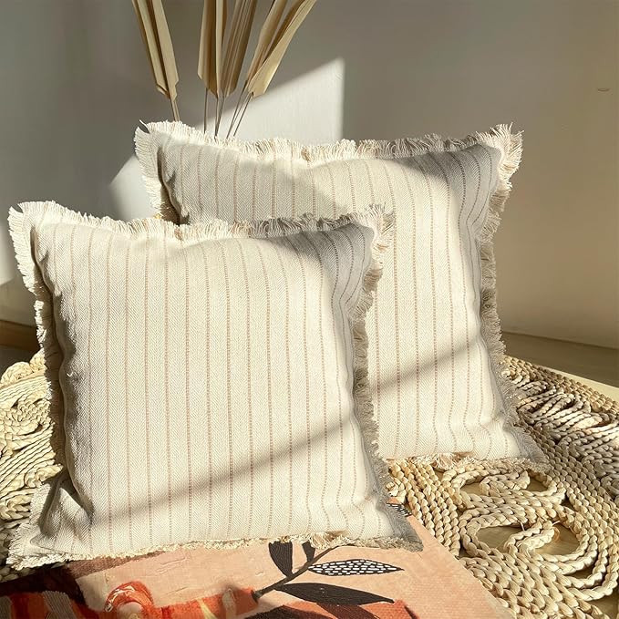 ORTIGIA Farmhouse Boho Throw Pillow Covers 20x20 Set of 2 Striped Decorative Pillow Covers with T... | Amazon (US)