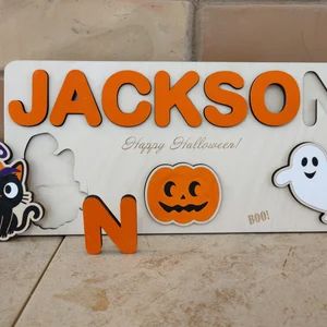 Baby Toddler Kid Halloween Toy Wooden Name Puzzle With Black - Etsy | Etsy (US)