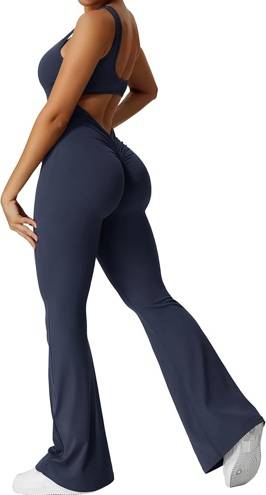 YEOREO Women Workout Scrunch Flare Jumpsuits Sexy Backless Butt Lift Gym Yoga Jumpsuits | Amazon (US)