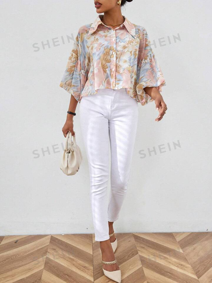 Floral Print Puff Sleeve Shirt | SHEIN
