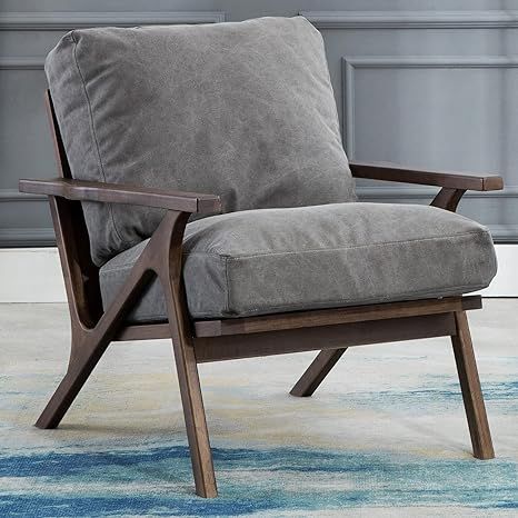 Mid-Century Chair, Upholstered Accent Armchair with Wood Frame and Canvas Cushions, Leisure Slipp... | Amazon (US)