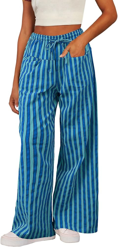 Acelitt Women Casual Drawstring Elastic Waist Loose Wide Leg Striped Pants with Pockets, S-XXL | Amazon (US)