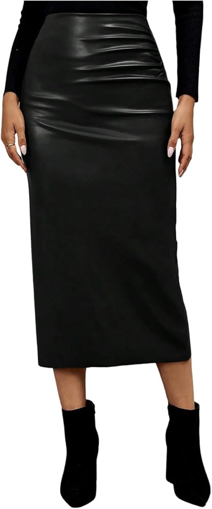 GORGLITTER Women's Casual Fitted Faux Leather Slit Maxi Skirt Ruched Side Elastic High Waist Long... | Amazon (US)