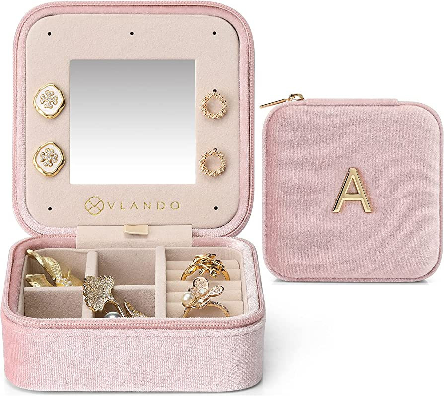 Velvet Travel Jewelry Box, Initial A Letter Small Jewelry Case for Women Girls, Earring Organize... | Amazon (US)
