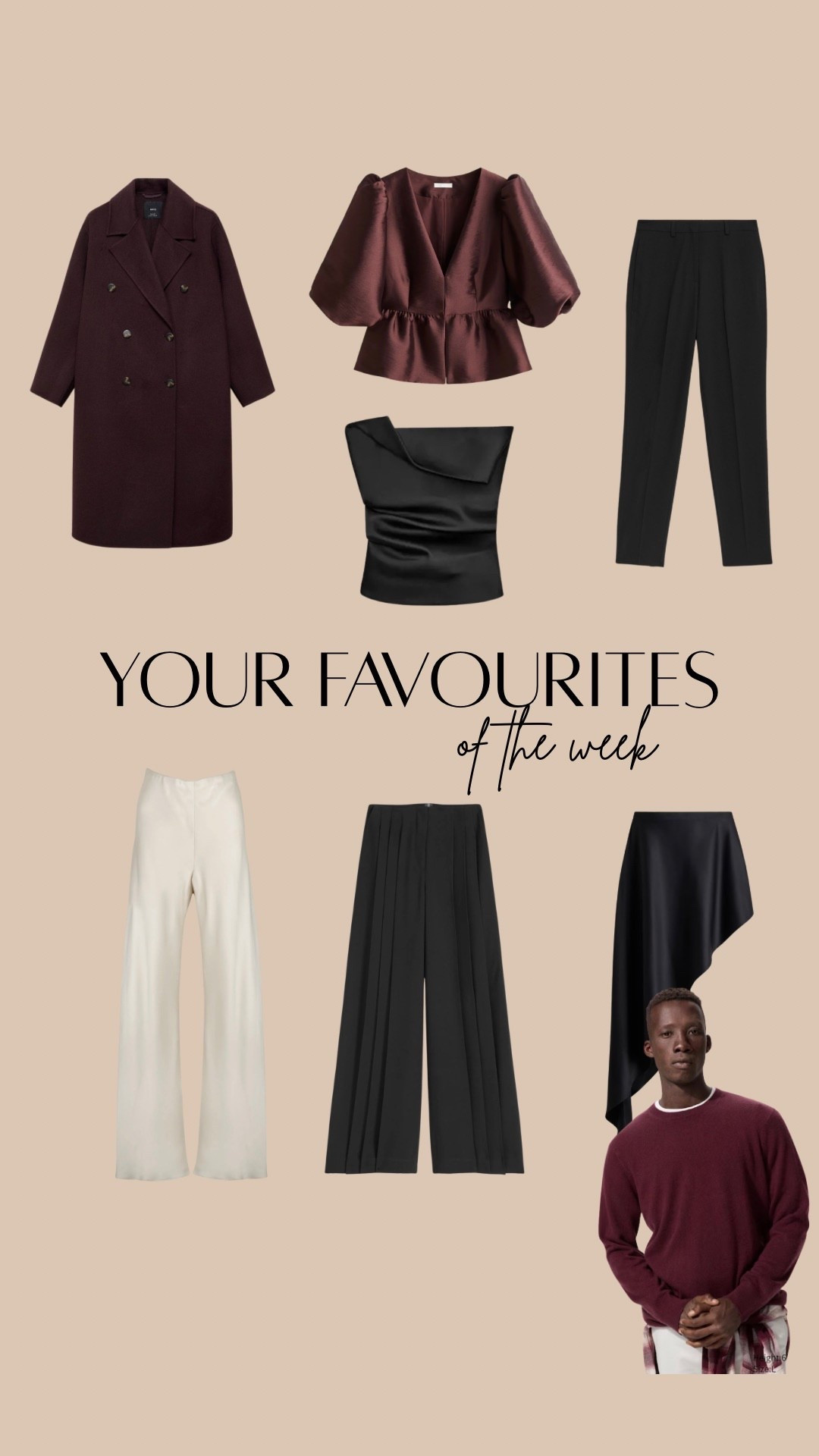 Cream satin trousers, burgundy cashmere sweater, burgundy wool coat, black satin top, bandeau top, asymmetrical top, black trousers, black wide-leg trousers, black corset top, burgundy blouse, partywear, what to wear for the holidays, Christmas outfits

#LTKstyletip

#LTKSeasonal #LTKHoliday