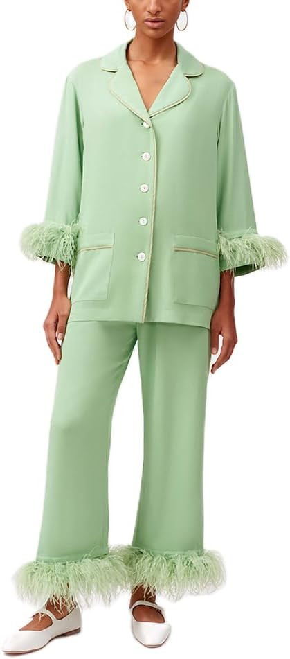 DSORVICD Women Christmas Satin Pajamas Sets Cute Feather Long Sleeve Button Down Shirt and Pants ... | Amazon (US)