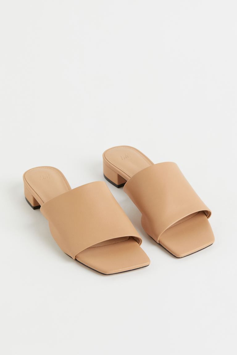 Mules in faux leather. Covered block heels, square, open toes, and wide foot strap. Jersey lining... | H&M (US + CA)