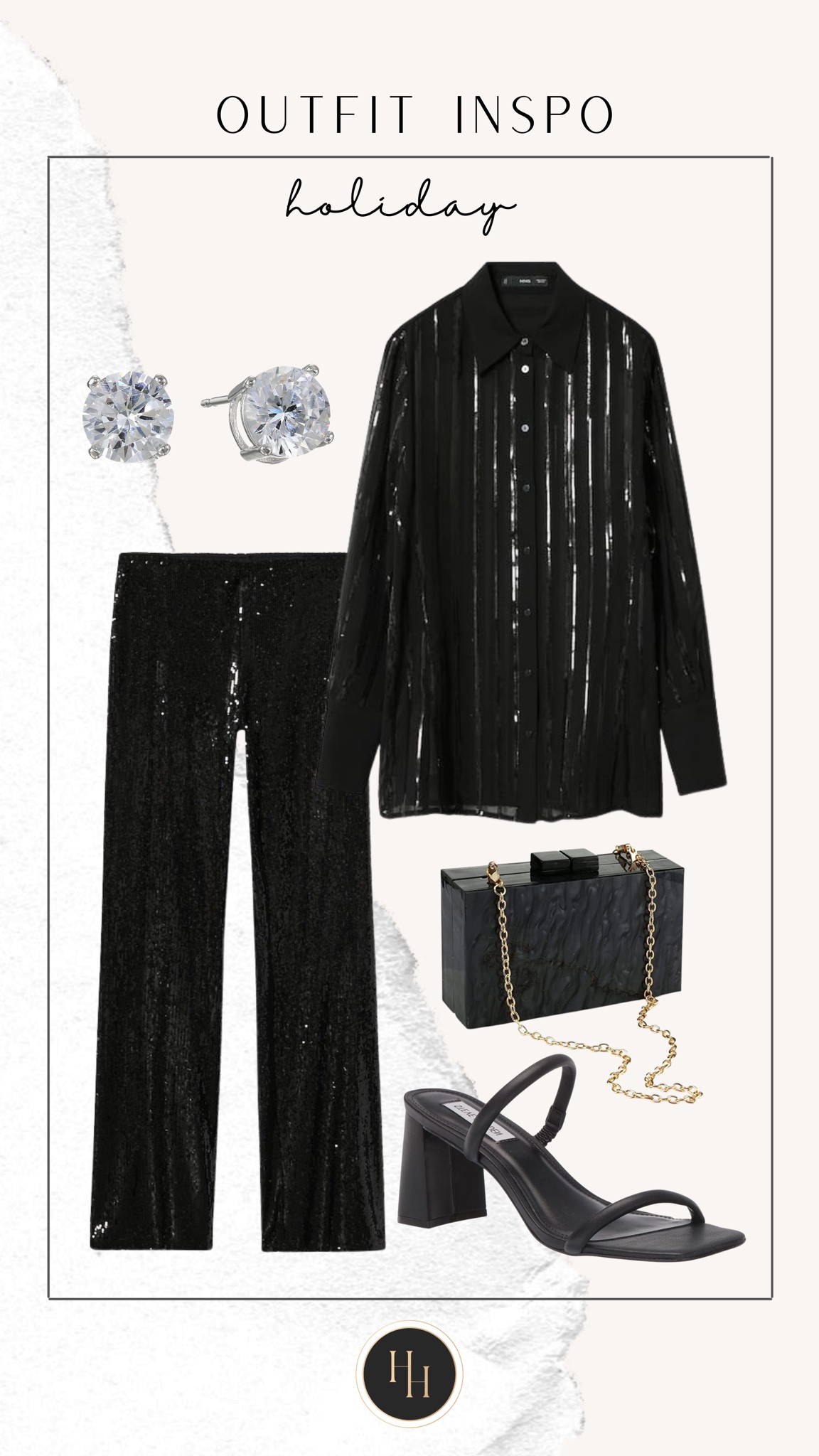 OUTFIT INSPO
holiday! 

Holiday style, style tip, festive, glam, sparkle, sequins, pants, button down, heels, clutch, earrings 

#LTKHoliday #LTKstyletip #LTKSeasonal