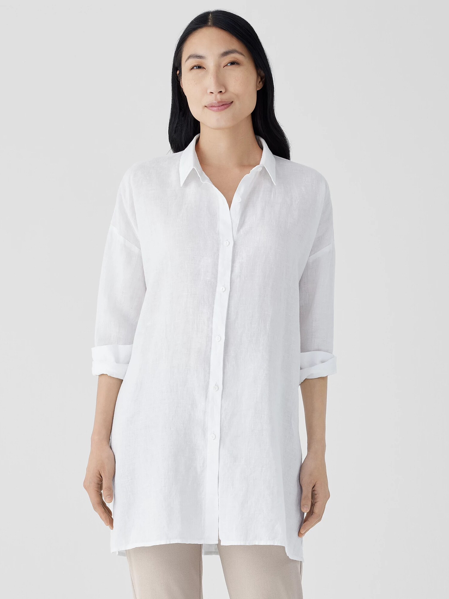 Organic Handkerchief Linen Classic Collar Long Shirt | Eileen Fisher