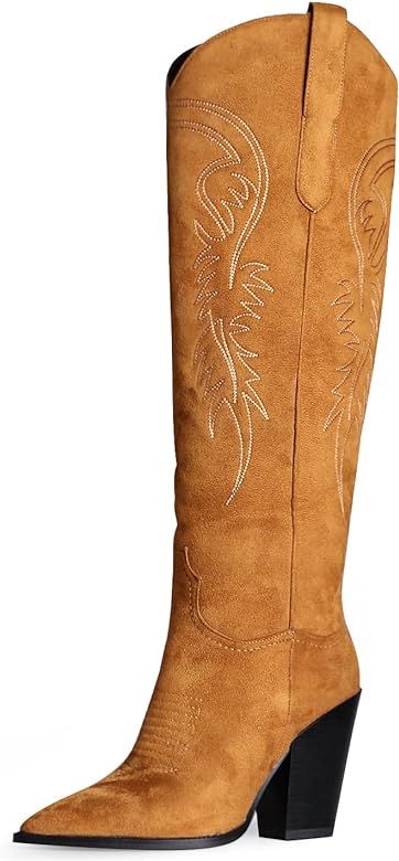 Amazon.com | ISNOM Women's Western Boots Knee High Boots, Cowboy Cowgirl Embroidered Chunky Block... | Amazon (US)