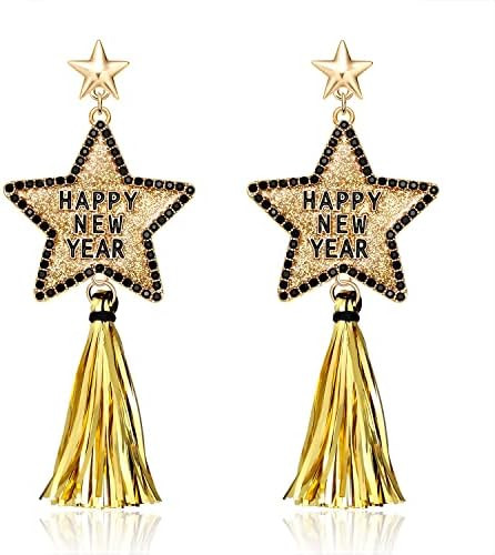 New Years Eve Earrings for Women Glitter Rhinestone Happy New Year Star Earrings Long Fringe Tass... | Amazon (US)