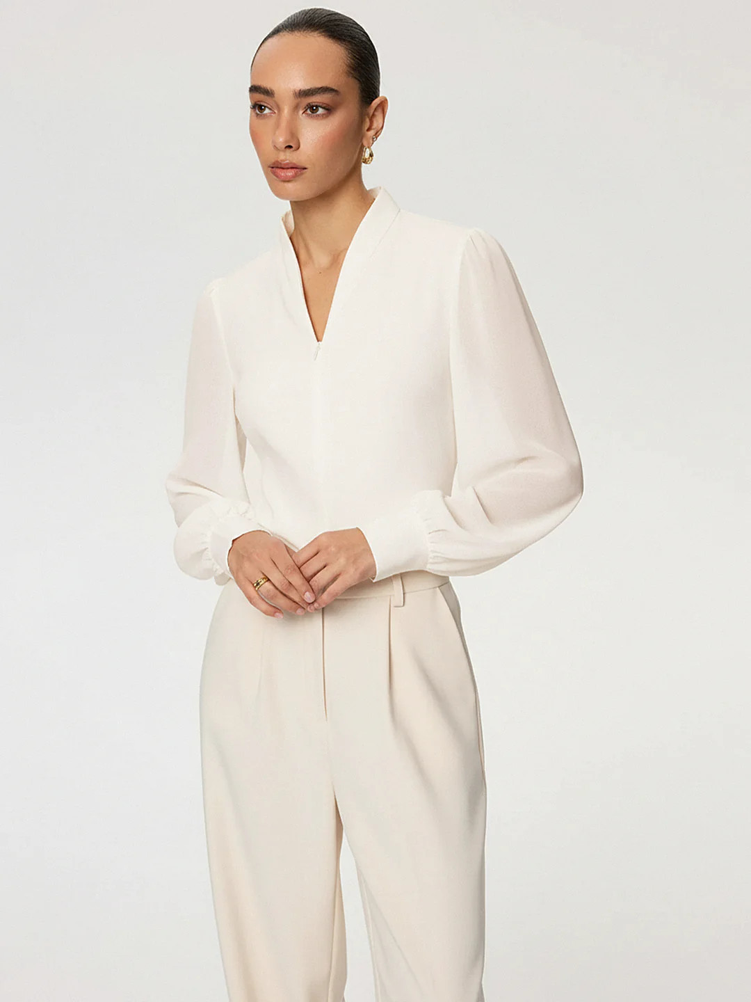 Zip Detail Chiffon Sleeves Blouse | Commense