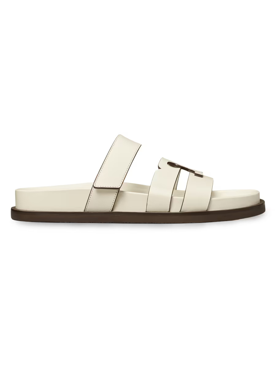 Tory Burch Ines Logo-Detailed Leather Slide Sandals | Saks Fifth Avenue | Saks Fifth Avenue