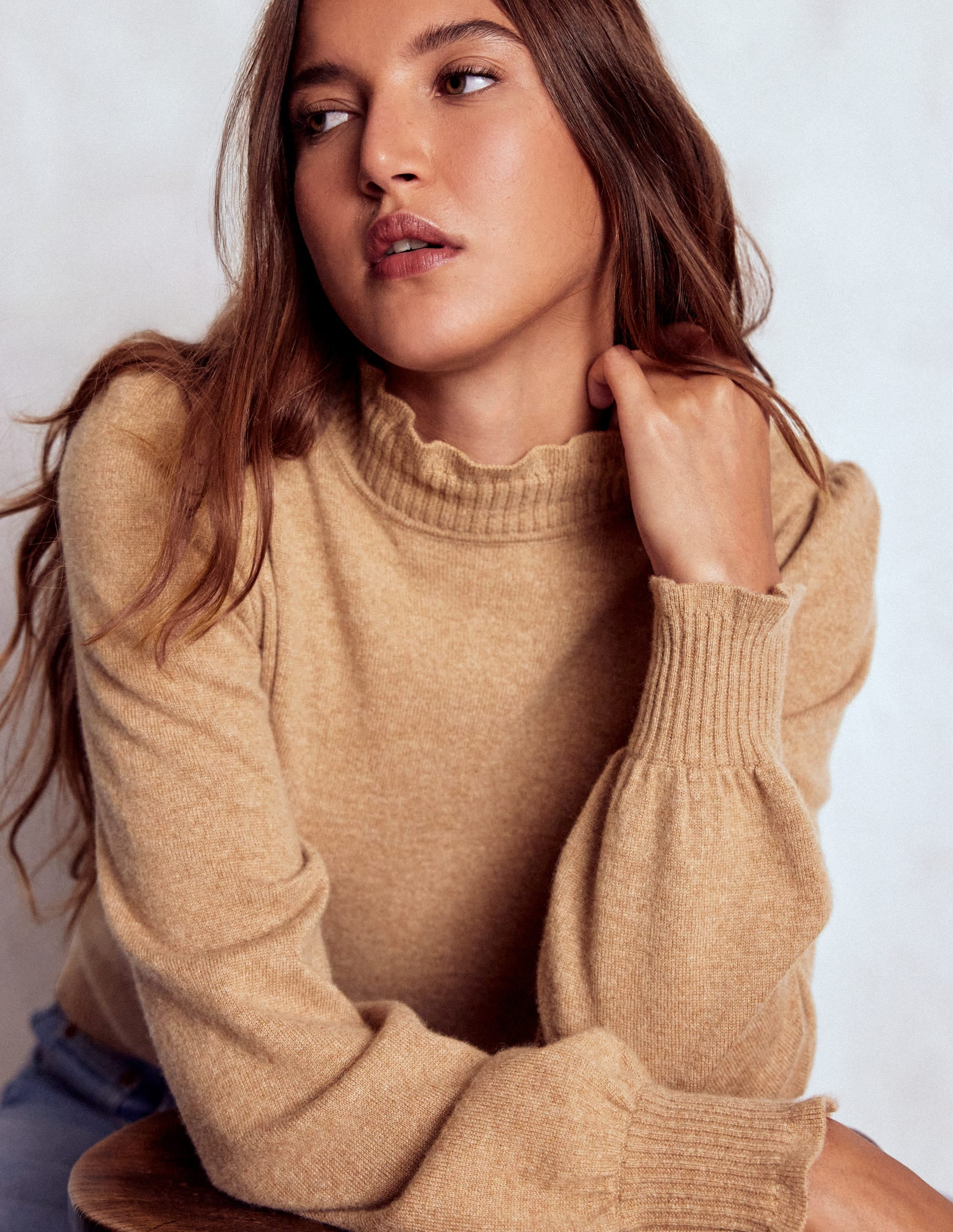 Frill Trim Cashmere Sweater-Camel Melange | Boden (US)