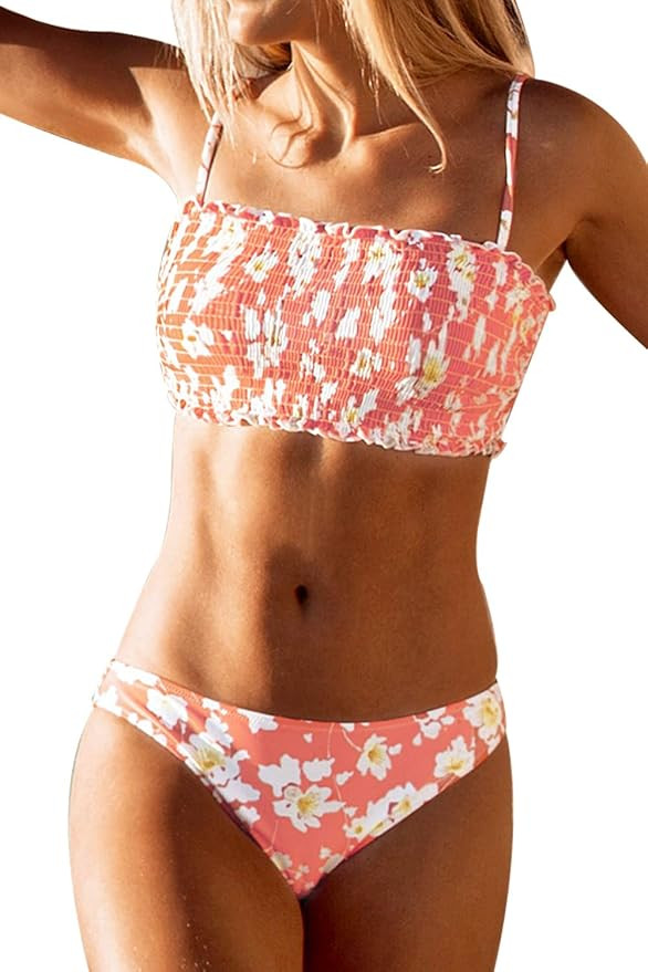 CUPSHE Women's Floral Smocked Bandeau Bikini Sets | Amazon (US)