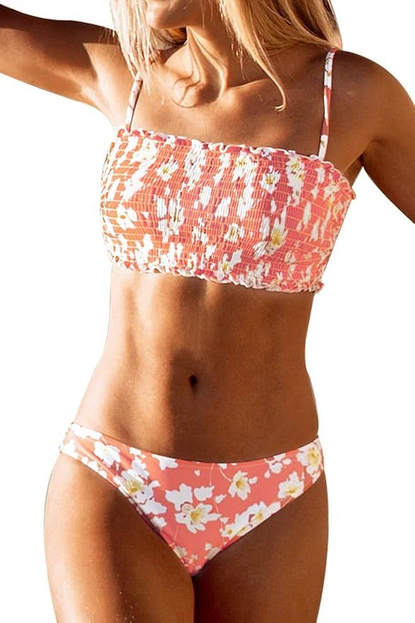 CUPSHE Women's Floral Smocked Bandeau Bikini Sets | Amazon (US)