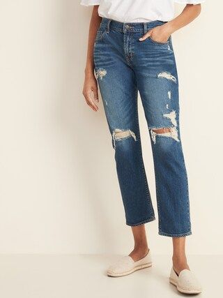 Mid-Rise Distressed Boyfriend Straight Jeans for Women | Old Navy (US)