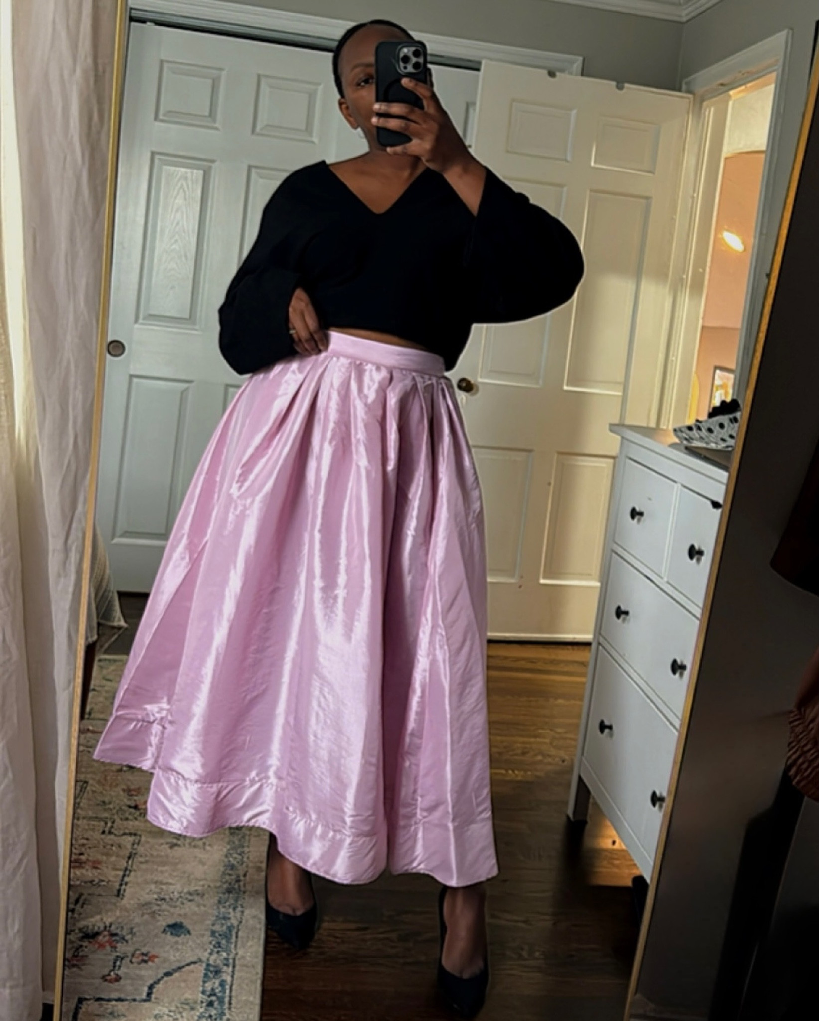 This was my planned dinner outfit but then my husband and I both woke up feeling under the weather. I wore it earlier and just hung around the house. Definitely cannot wait to wear it out soon. Skirt is linked in my stories. Size up, it definitely runs small.