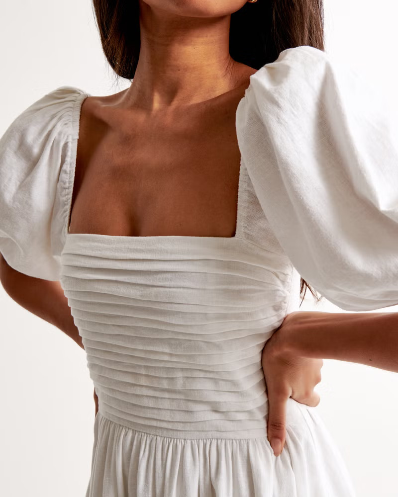 Emerson Linen-Blend Puff Sleeve Midi Dress | Abercrombie & Fitch (US)