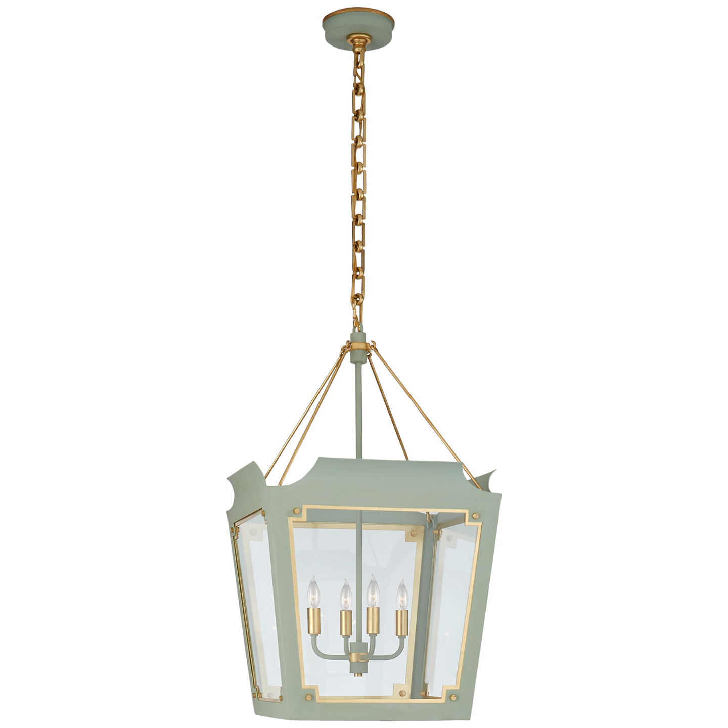 Caddo Medium Lantern in Celadon and Gild with Clear Glass | Visual Comfort