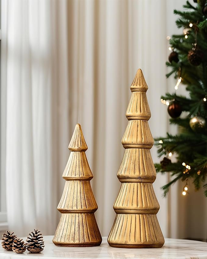 Wooden Christmas Tree Figurine, 2Pcs Gold Tree Figurines, Decorative Trees for Tabletop, Small Di... | Amazon (US)