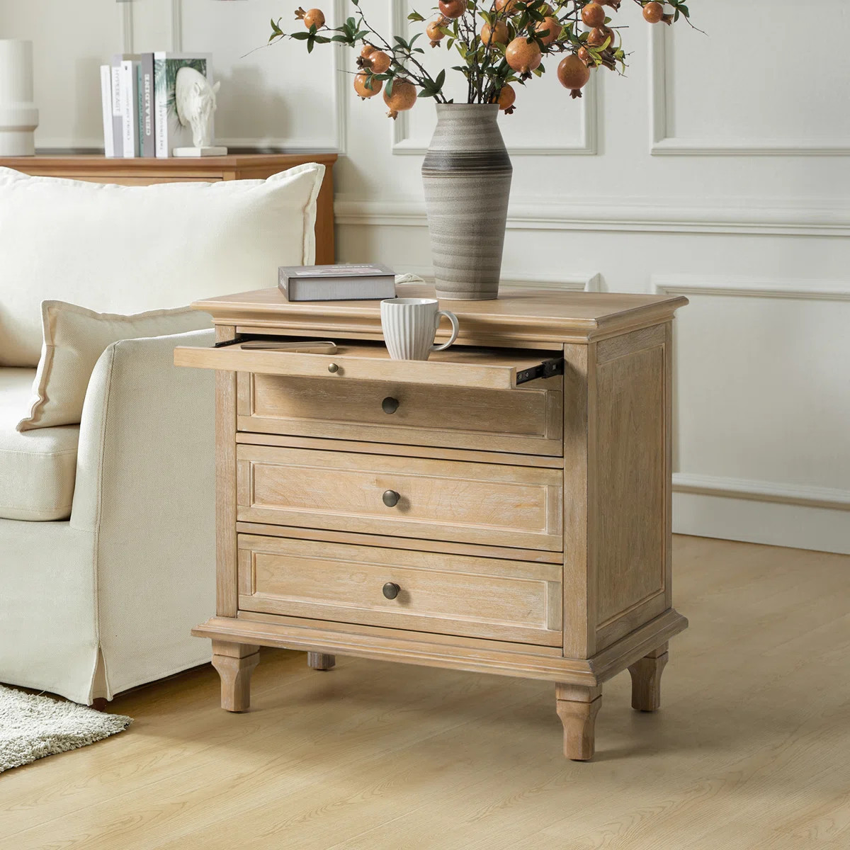 Arthelia Traditional 28.37''W 3-Drawer Nightstand with Charging Station and Pull-out Shelf | Wayfair North America