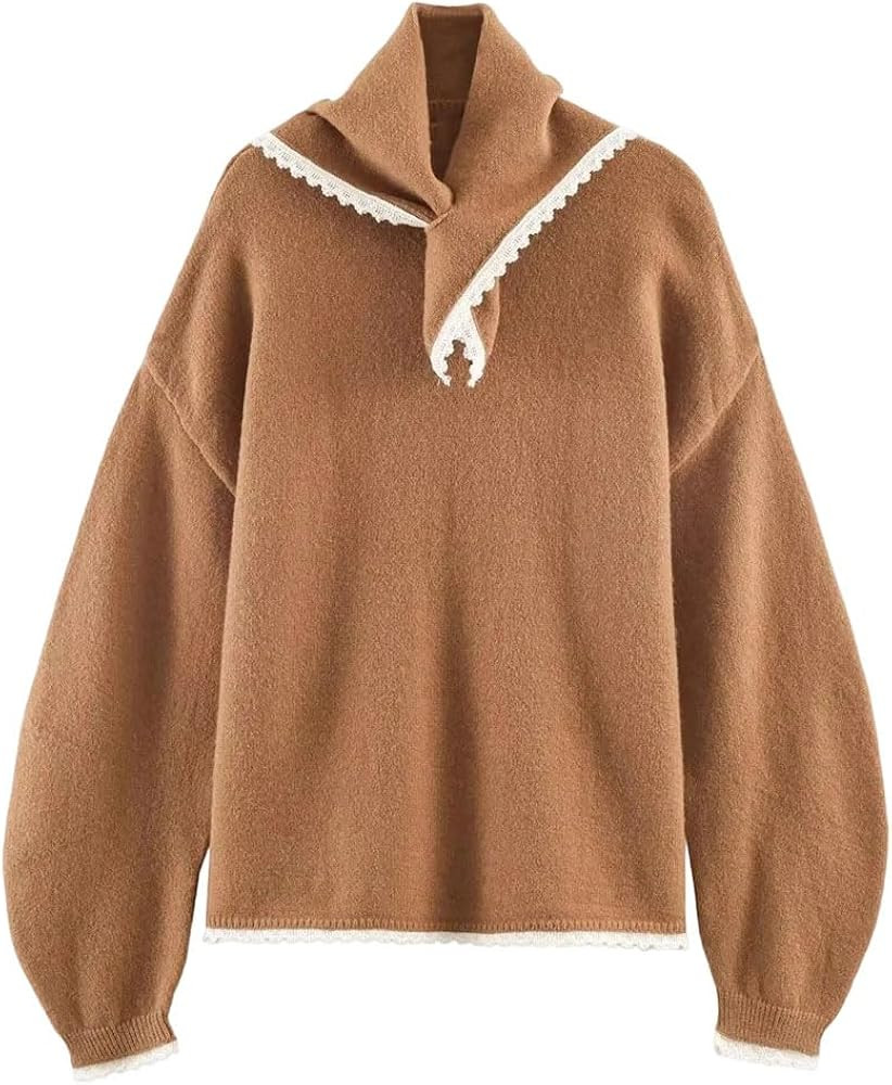 Women European & American Style Scarf-Decorated Patchwork Lace Knit Sweater | Amazon (US)