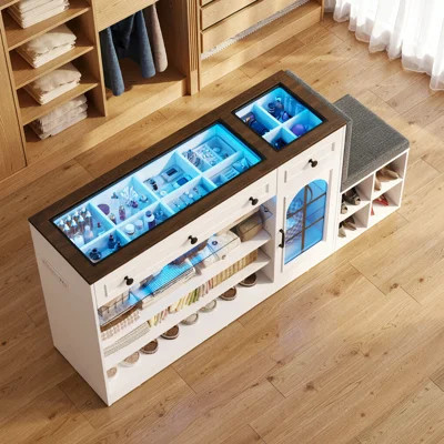 Closet Island with Glass Top, Closet Island Dresser with Built-In Shoe Bench, Walk-in Closet Island with LED Light & Charging, Modern White Closet Org | Wayfair North America