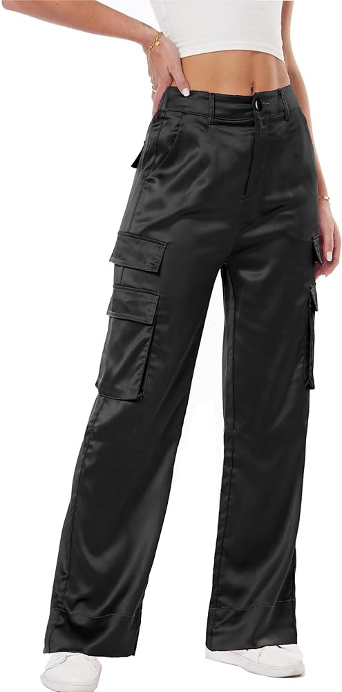 Women's Satin Cargo Wide Leg Pants Silky Party Dressy Casual Pocketed Pant Long Trouser | Amazon (US)