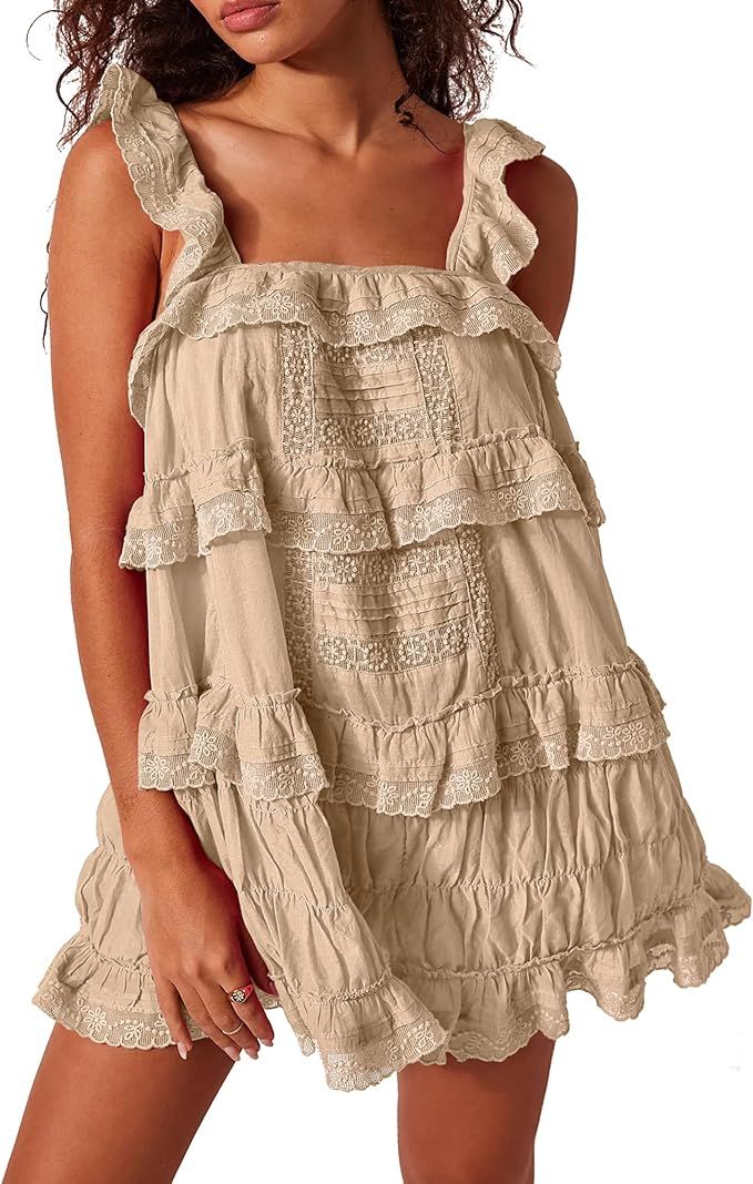 Gacaky Women's Summer Casual Sleeveless Rompers Ruffle Flowy Boho Sun Dress Loose Mini Dress with... | Amazon (US)