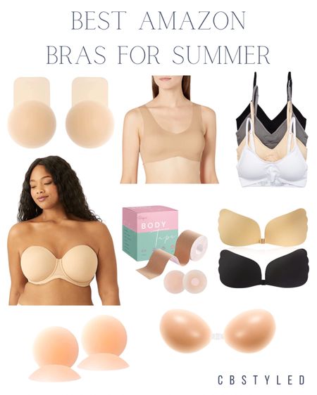 Rounded up some of my favorite bras from amazon! Plus one that you all recommended as a strapless bra staple! These are great options to wear this summer  
Top row: 
- sticky bra with lift: great for any top that isn’t strapless or has thin straps
- smooth tee shirt bra: regular bra under and thin smoothing fabric over, offers lift without wires and has extra wide straps
- bralettes: minimal support but so comfy
Middle row:
- the strapless bra that so many of my bigger busted followers recommend!
- boob tape: strong hold and waterproof and you can customize where you apply it based on your dress design. 
- sticky bra and really lightweight, more of a push together situation as opposed to push up
Bottom row:
- sticky nipple covers: no lift but great if you want to go brakes but hide your nipples. Stays on all day
- sticky bra made of silicone and fairly thick so it’s going to add a bit of bulk but it’s heavier than the sticky bra above. Also pushes together not really up

#LTKSeasonal #LTKstyletip #LTKFind