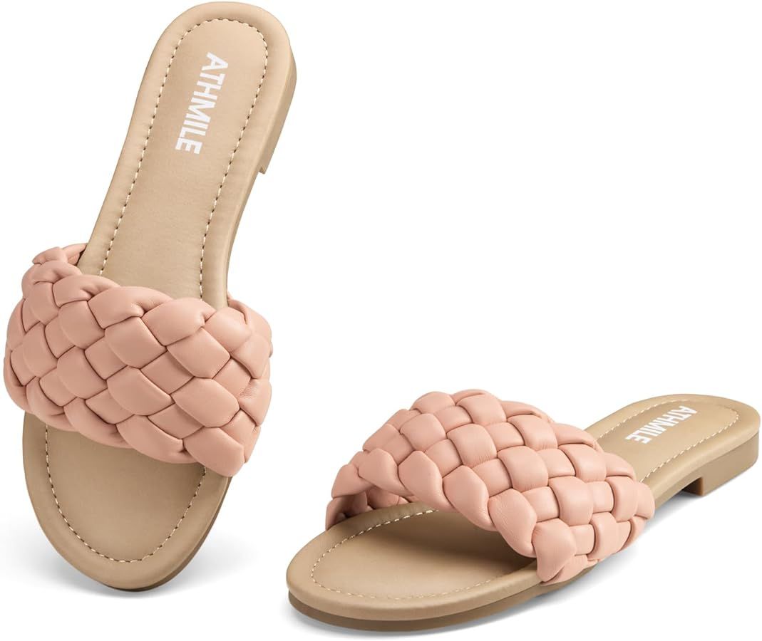 ATHMILE Braided Womens Sandals Round Open Toe Fashion Slide Sandals Women Dressy Summer Flat Beac... | Amazon (US)
