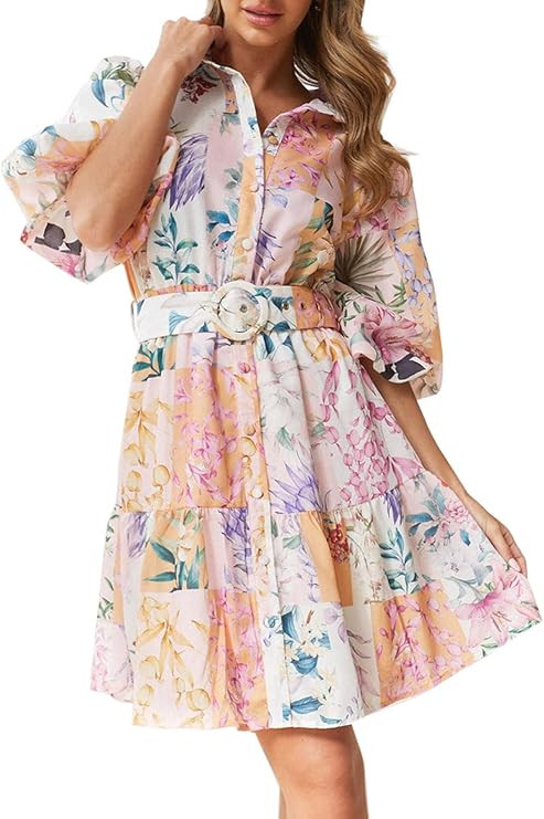 futurino Women Single Breasted A-line Dress, Floral Printed Boho Style Lantern Short Sleeve with ... | Amazon (US)