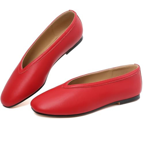 RIBONGZ Ballet Flat Shoes for Women Red Closed Round Toe Mary Jane Flats Comfortable Slip On Casual Shoes Dressy Office Work Walking Driving Size 10.5 | Amazon (US)