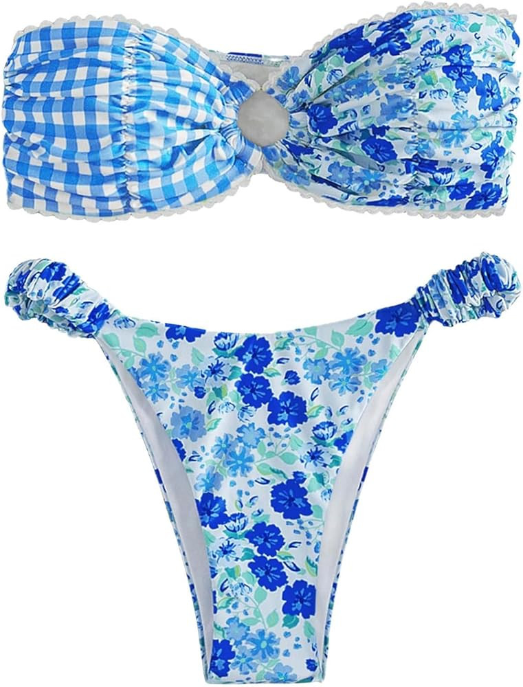 SHENHE Women's Floral Print O Ring Bandeau Bikini Bathing Suit 2 Piece Swimsuits | Amazon (US)