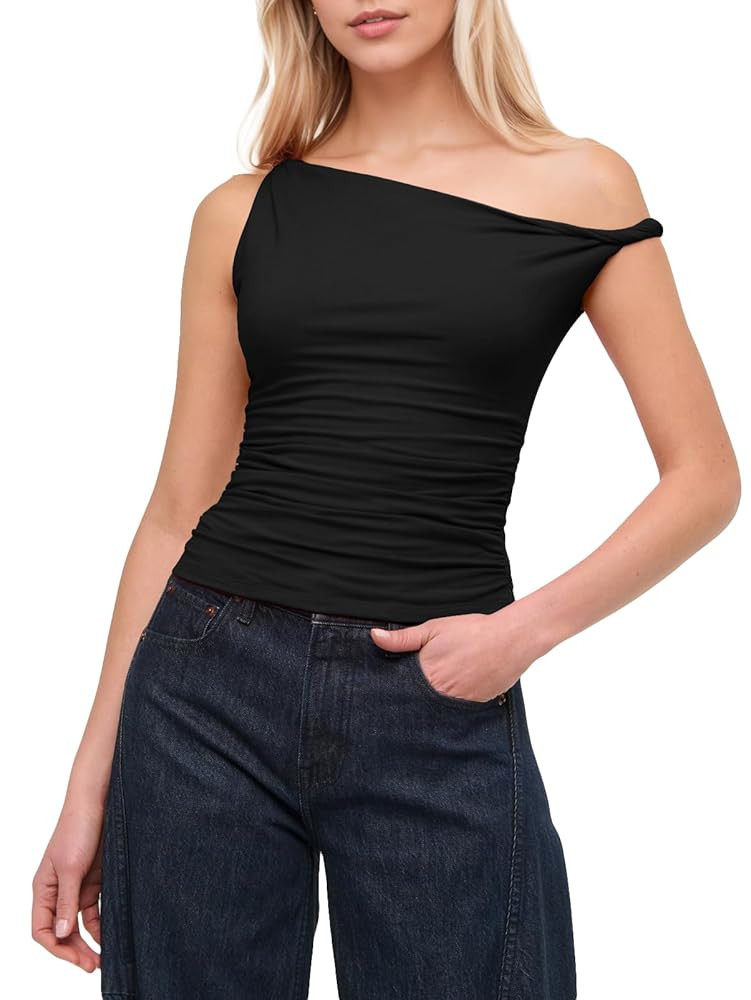 Women Y2k Asymmetrical One Shoulder Twist Crop Tank Tops Ruched Fitted Sleeveless Basic Baby Tee ... | Amazon (US)