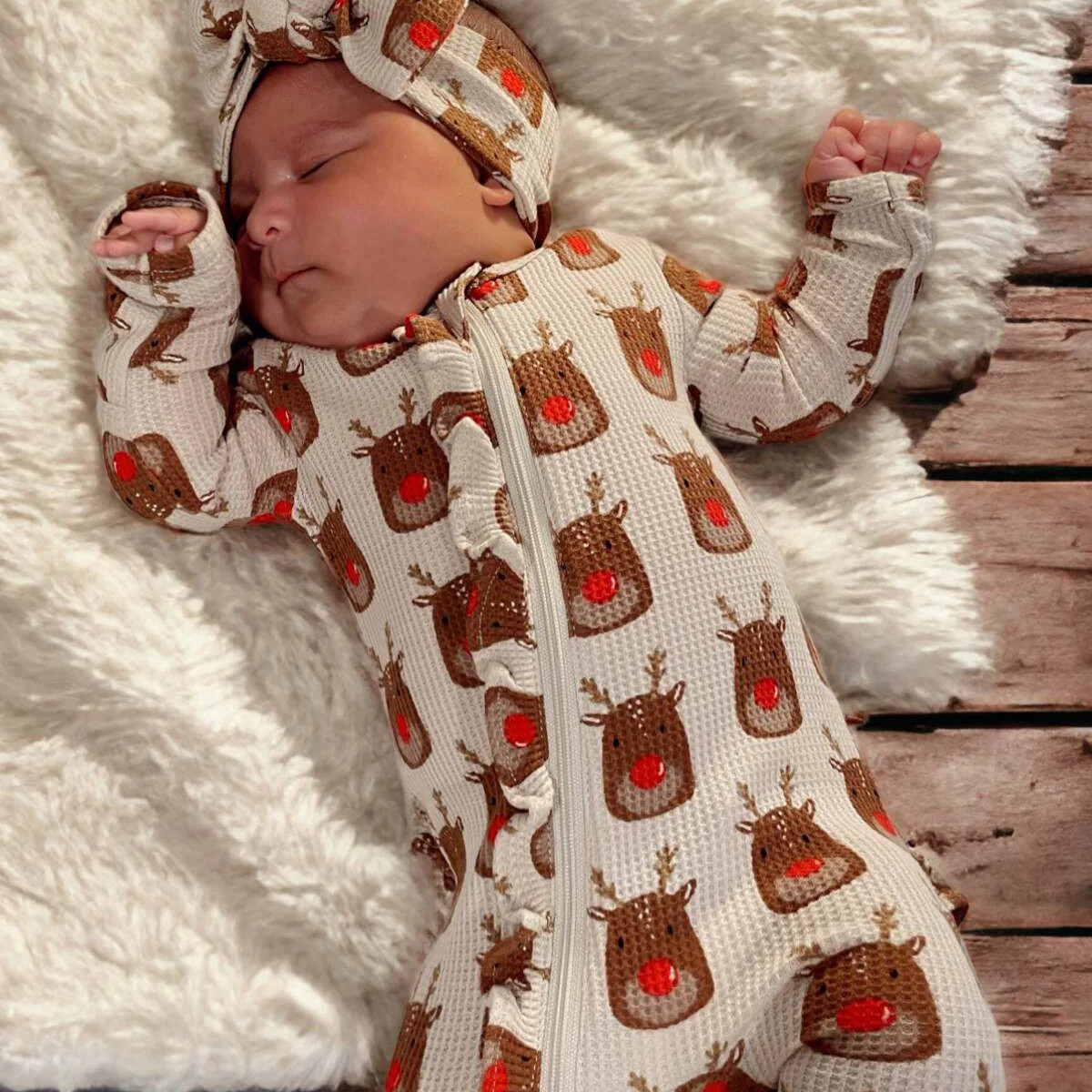 Organic Waffle Ruffle Zip Footie, Reindeer | SpearmintLOVE