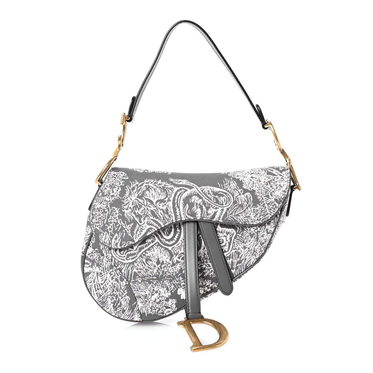 Canvas Reverse Embroidered Toile De Jouy Saddle Bag Grey | FASHIONPHILE (US)