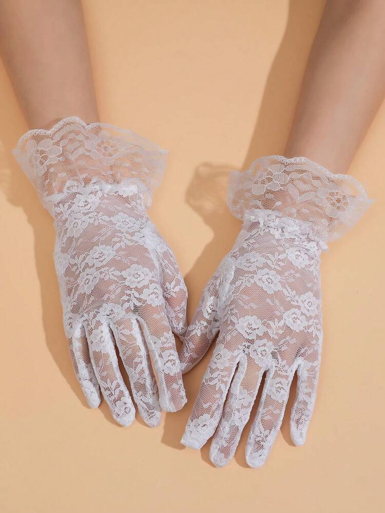 1 Pair Women White Lace Trim Sexy Short Gloves, Bridal Wedding Gloves | SHEIN