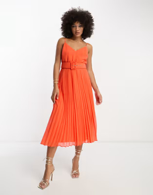 ASOS DESIGN pleated cami midi dress with self-covered belt in hot orange | ASOS (Global)