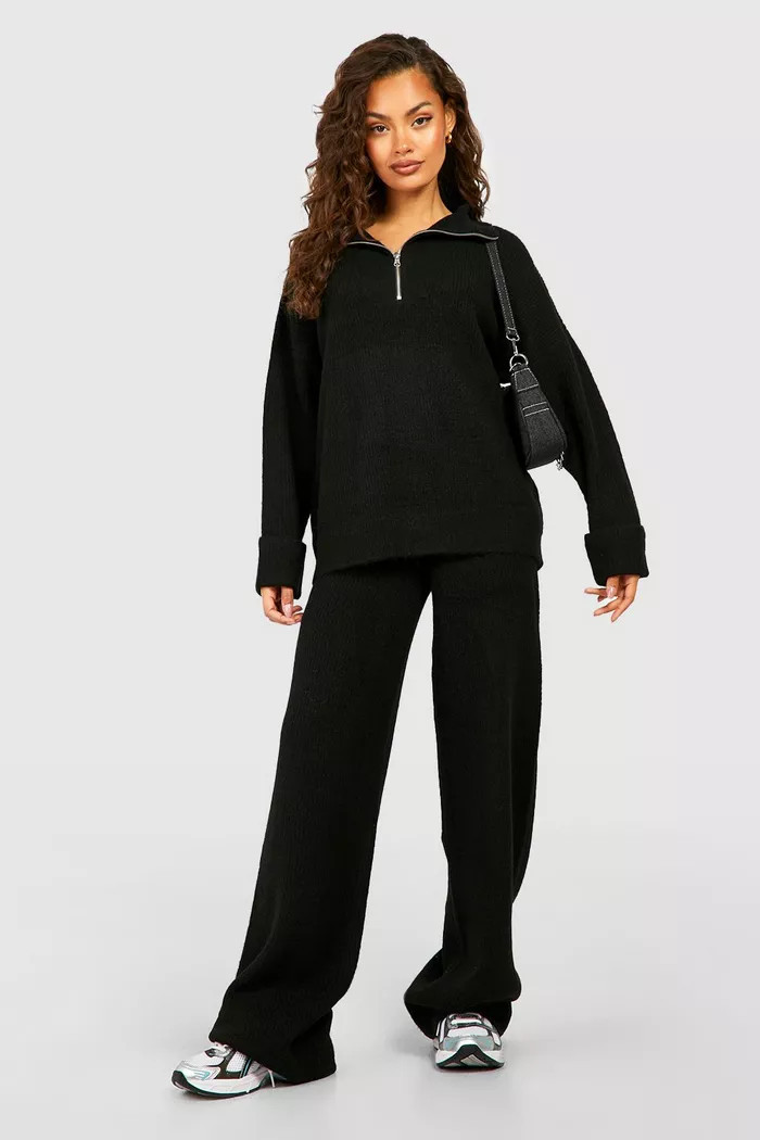 Half Zip Funnel Neck And Wide Leg Pants Knitted Set | boohoo (US & Canada)