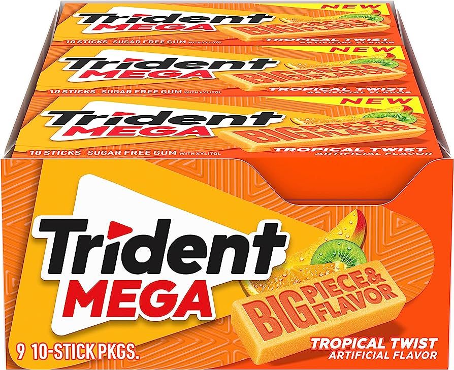 Trident Mega Tropical Twist Sugar Free Gum, 9 Packs of 10 Pieces (90 Total Pieces) | Amazon (US)