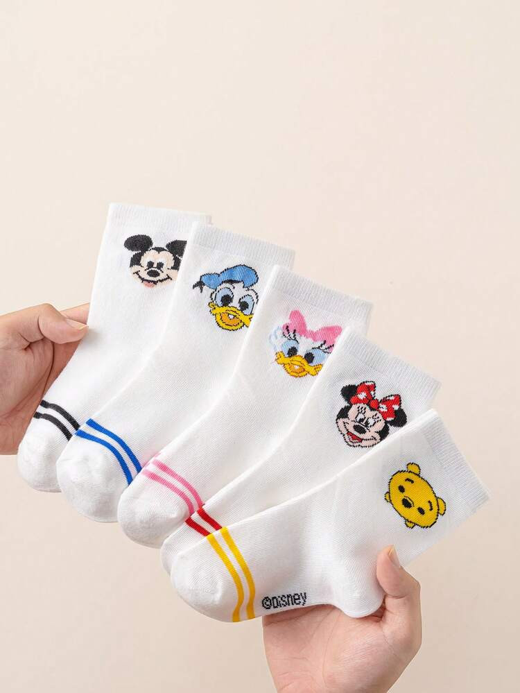 Disney 5 Pairs Mickey Mouse Family Cartoon Pattern Mid-Calf Socks For Kids, Cute Distinctive Design, Fashionable Casual Breathable Student Socks, Suitable For Daily Wear, Back To School, Holiday Gifts | SHEIN