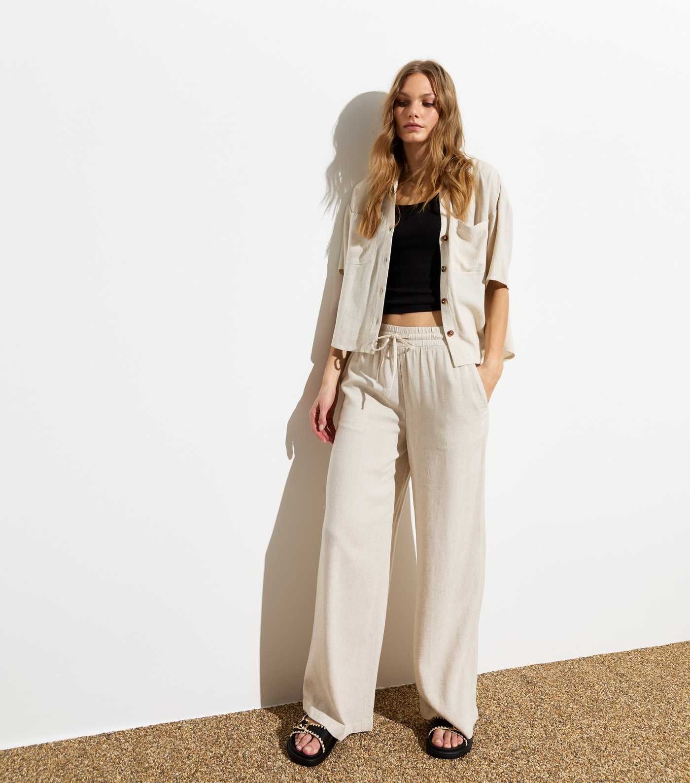 Stone Cotton-Linen Blend Wide Leg Trousers | New Look | New Look (UK)