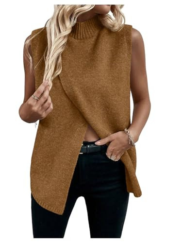 Verdusa Women's Fall Outfits Sweater Vest Mock Neck Sleeveless Knit Tops Pullovers Holiday Sweaters Quiet Luxury Clothes Yellow Brown X-Large | Amazon (US)