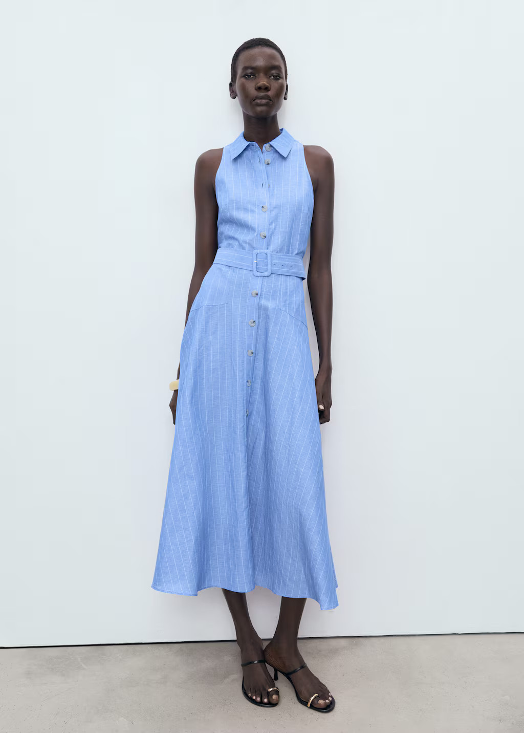 Striped linen-blend shirt-style dress blue - Woman - 10 - MANGO | MANGO (UK)