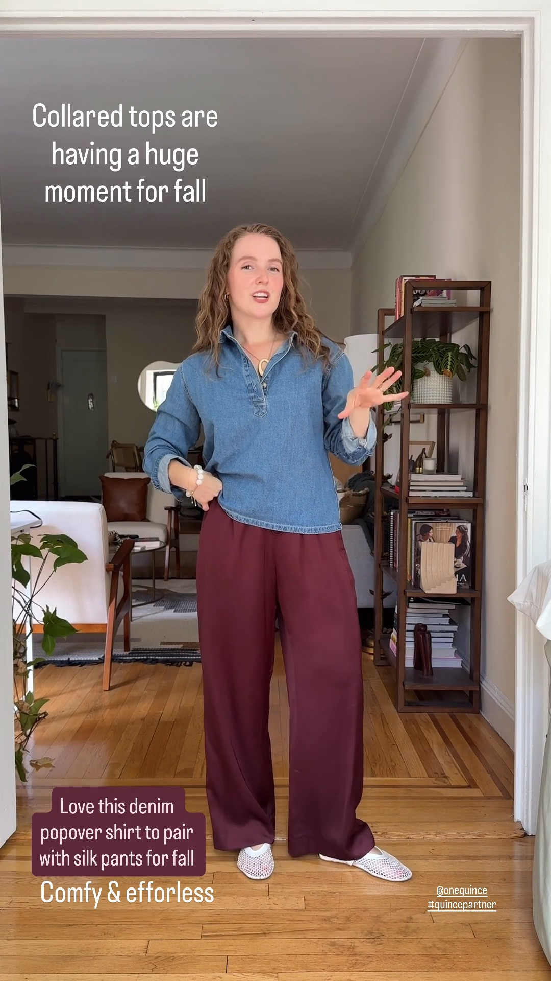 Silk pants outfit for fall from @Quince wearing small petite in pants. Washable silk. Xs denim polo shirt. #quincepartner fall outfits for women

#LTKSeasonal