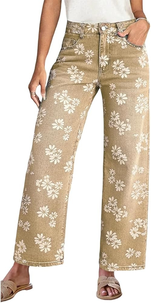 ebossy Women's Cute Floral Print Barrel Jeans High Waist Baggy Wide Leg Western Boyfriend Crop De... | Amazon (US)